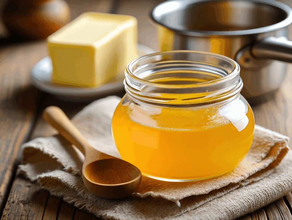 Un pot de ghee doré et translucide posé sur une table en bois, cuillère en bois à côté, ambiance chaleureuse. Texture lisse et brillante. Autour : beurre traditionnel, casserole pour illustrer la clarification.