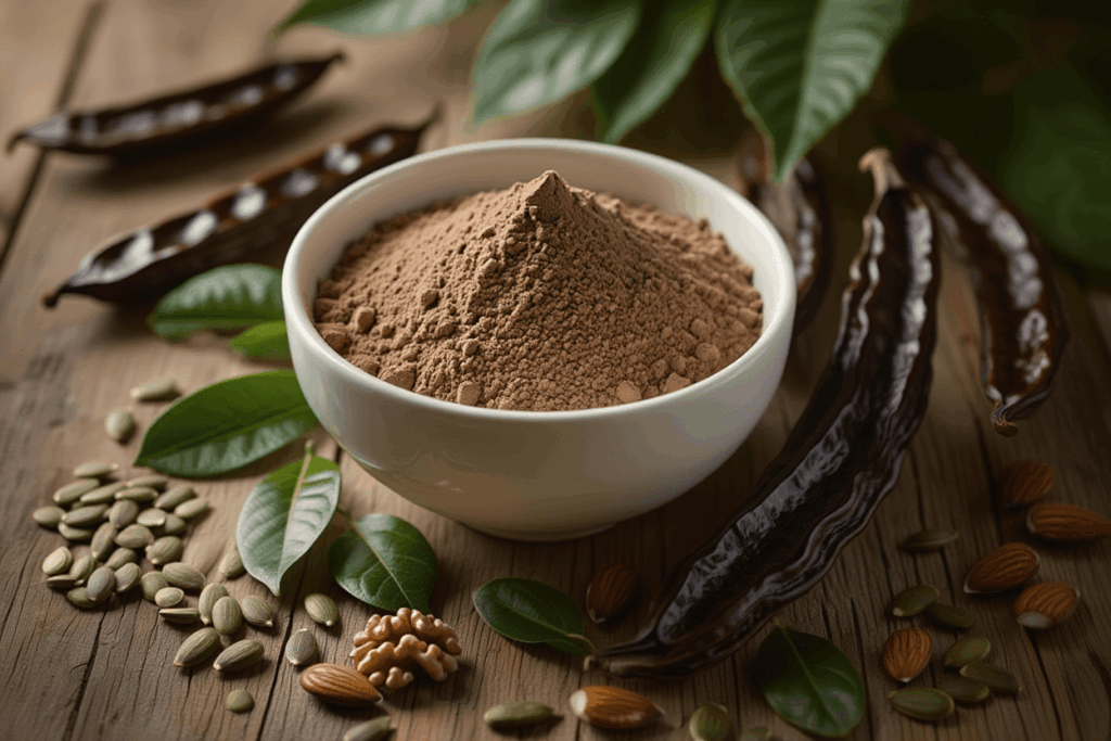 farine de caroube poudre de caroube dans un bol caroubier et autres ingrédients