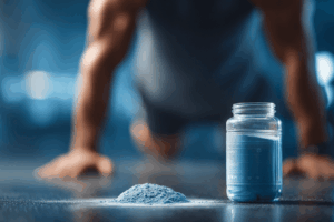 athlète en train de s'entrainer au sport avec un pot de collagène marin en poudre posé en face