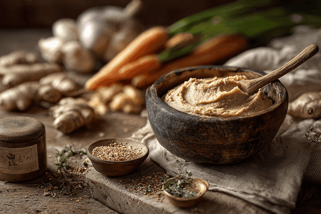 
Bol de pâte miso brun sur une table avec d'autres ingrédients c Style photographique réaliste, lumière douce. Mise en avant d’un univers santé et bien-être