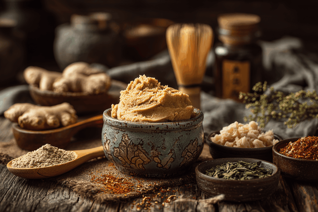 Bol de pâte miso traditionnelle sur une table en bois, entouré d’ingrédients naturels