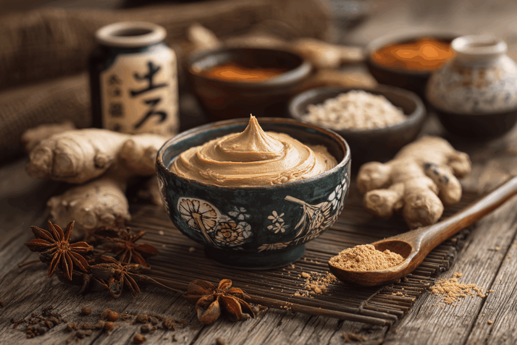 Bol de pâte miso traditionnelle sur une table en bois, entouré d’ingrédients naturels comme le soja fermenté, l’algue kombu et le koji.
