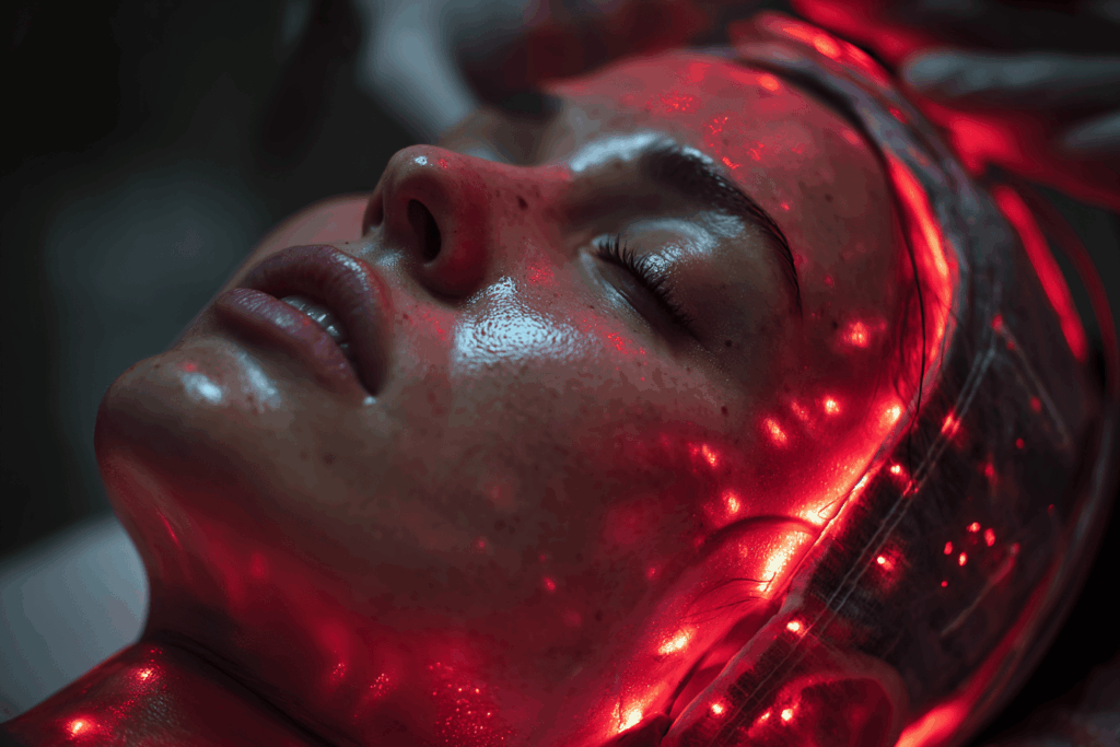 séance de photobiomodulation en cabinet bien-être : lumière rouge et proche infrarouge diffusée sur le visage