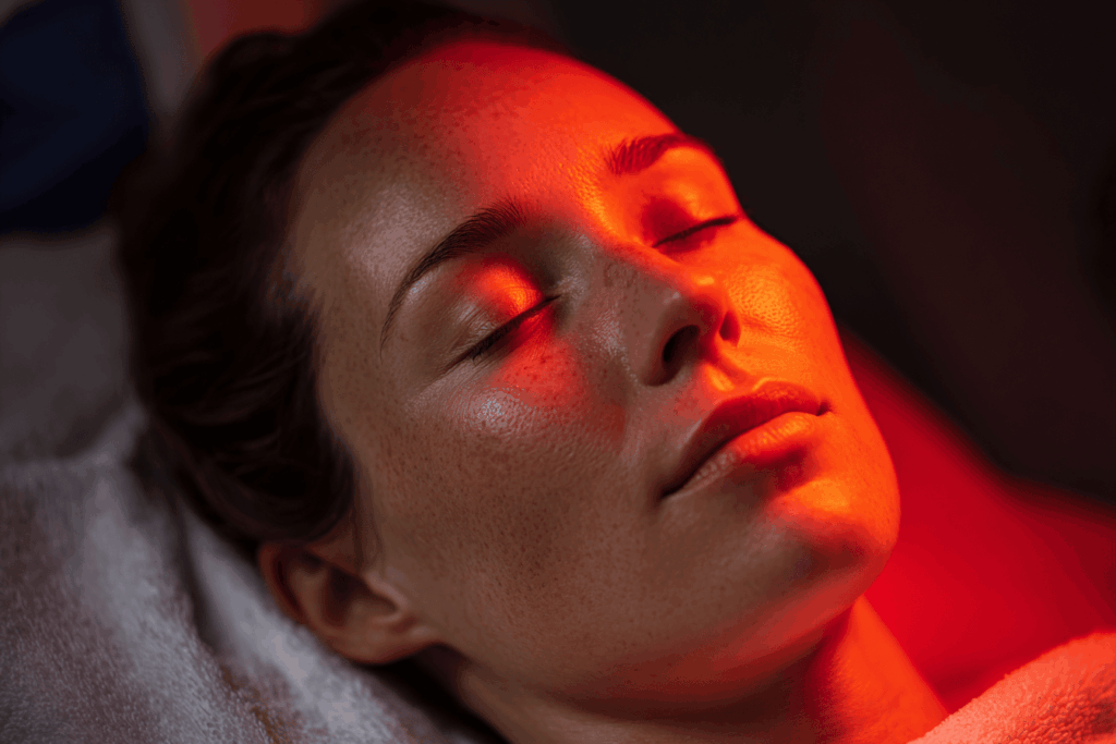 séance de photobiomodulation en cabinet bien-être : lumière rouge et proche infrarouge diffusée sur le visage o