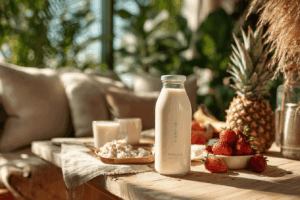 Un flacon ou bouteille de K-Philus posé sur une table en bois clair, entouré d’ingrédients naturels rappelant les probiotiques (yaourt fermenté, grains de kefir, fruits frais). Atmosphère lumineuse, saine et épurée, style photographie réaliste. Rendu propre, moderne et santé.