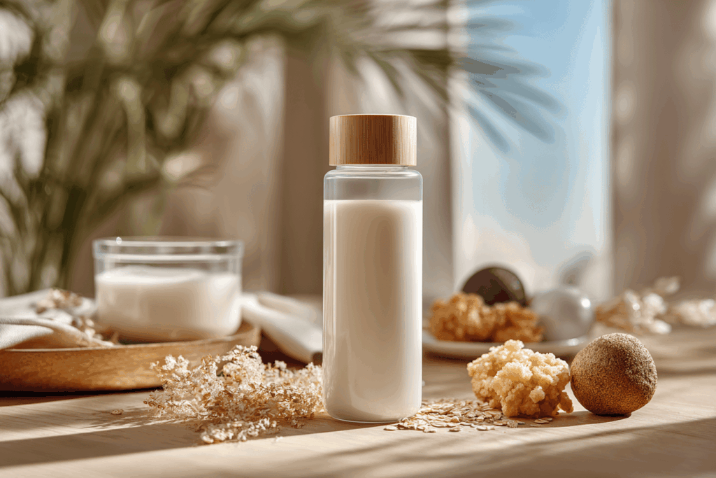 flacon ou bouteille de K-Philus posé sur une table en bois clair