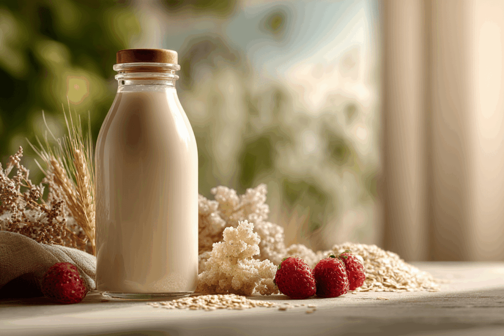 flacon ou bouteille de K-Philus posé sur une table en bois clair, entouré d’ingrédients naturels rappelant les probiotiques (yaourt fermenté, grains de kefir, fruits frais).