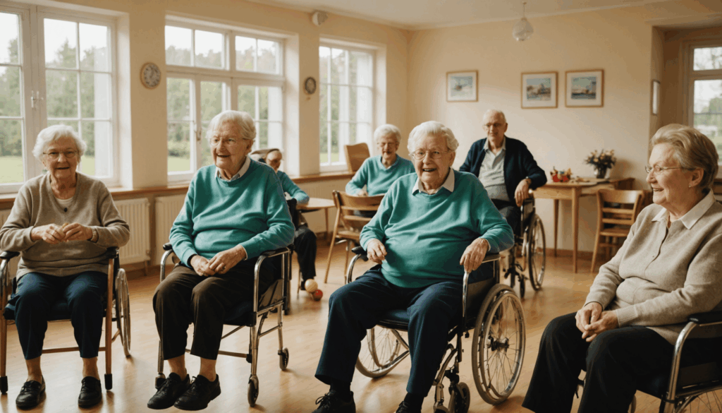 personnes âgées en ephad senior en fauteuil roulant en activité en groupe