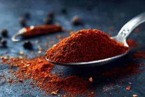 Photographie lumineuse d’une cuillère de paprika rouge vif sur fond cuisine saine, avec tensiomètre posé à côté, ambiance naturelle, lumière douce, style magazine santé, atmosphère rassurante et informative, haute qualité, sans texte.