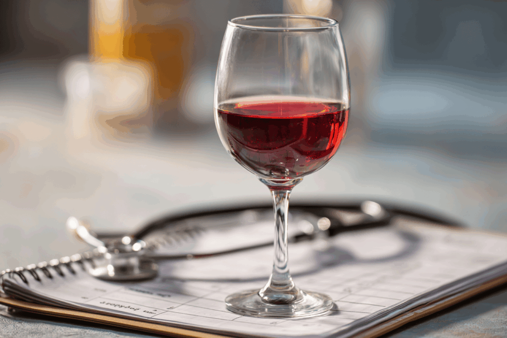 verre de vin rouge avec stéthoscope et calendrier alcool avant coloscopie
