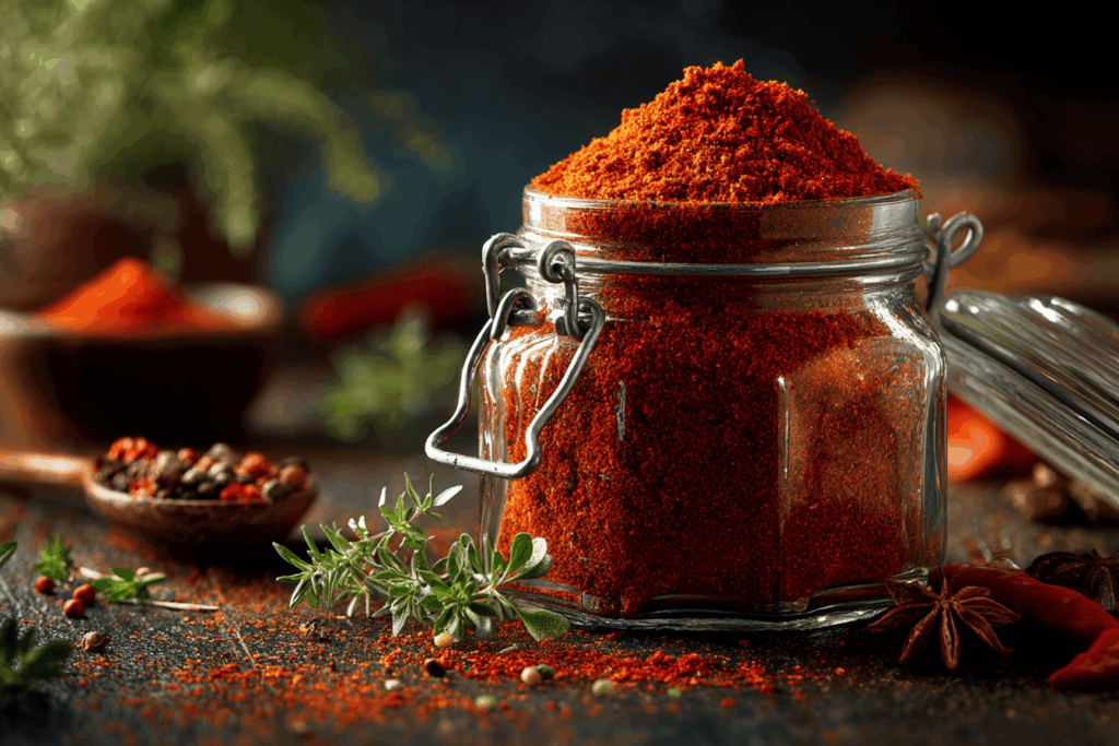 Photographie lumineuse d’un pot de paprika rouge vif sur fond cuisine saine, avec tensiomètre posé à côté, ambiance naturelle, lumière douce, style magazine santé, atmosphère rassurante et informative, haute qualité, sans texte.