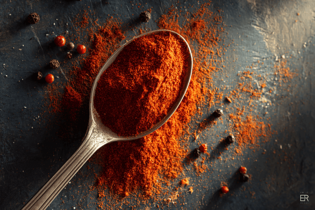 Photographie lumineuse d’une cuillère en bois de paprika rouge vif sur fond cuisine saine, avec tensiomètre posé à côté, ambiance naturelle, lumière douce, style magazine santé, atmosphère rassurante et informative