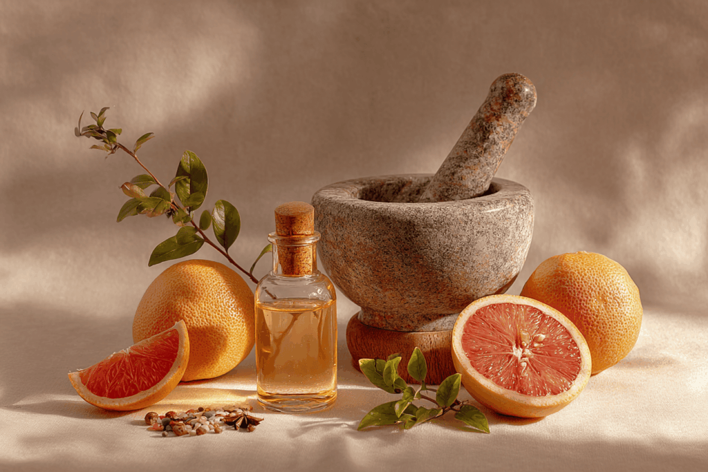 Composition naturelle avec flacon d’extrait de pépin de pamplemousse, pépins de pamplemousse, tranches d’agrumes, mortier en pierre et plantes médicinales, ambiance médecine naturelle et phytothérapie, fond clair minimaliste, lumière douce, photographie réaliste haute définition.