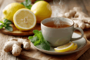 Composition naturelle avec gingembre frais, menthe, fenouil et citron disposés sur une table en bois clair, tasse de tisane fumante à côté, ambiance bien-être et santé digestive, lumière naturelle douce, style photographie réaliste, esthétique magazine santé.