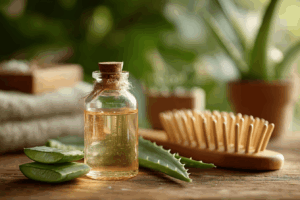 Composition naturelle avec huiles végétales, aloe vera, huile de coco et flacon compte-gouttes sur une table en bois, brosse à cheveux en arrière-plan, feuilles vertes, ambiance soins capillaires naturels et remèdes maison, lumière naturelle douce, photographie lifestyle bien-être.
