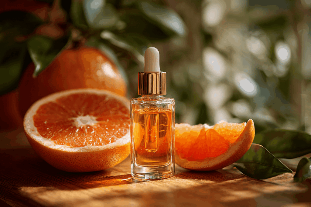 Flacon compte-gouttes d’extrait de pépin de pamplemousse posé sur une table en bois clair, pamplemousse frais coupé en deux à côté avec pépins visibles, feuilles vertes naturelles, ambiance phytothérapie et santé naturelle, lumière douce naturelle, style photographie réaliste, couleurs vives orange et vert.