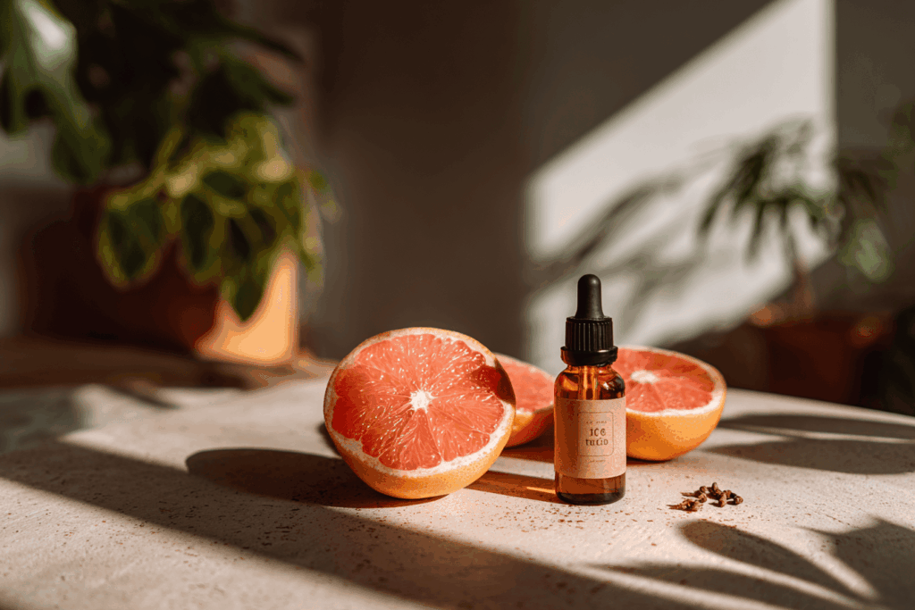 Flacon compte-gouttes d’extrait de pépins de pamplemousse posé sur une table avec un symbole d’avertissement discret à côté, pamplemousse coupé en deux et pépins visibles, ambiance phytothérapie et santé naturelle, lumière douce naturelle, style photographie réaliste, fond clair minimaliste.