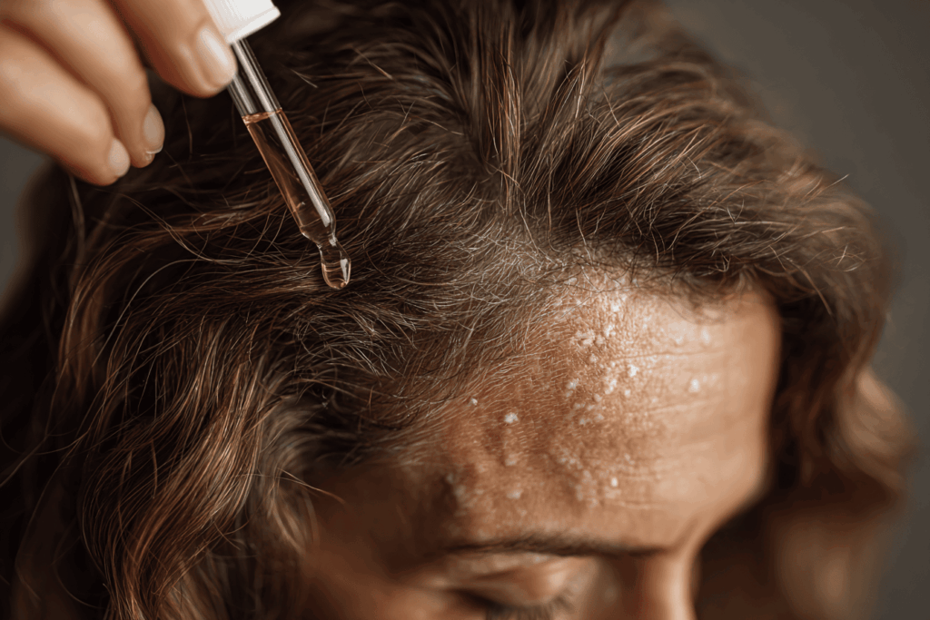Gros plan du cuir chevelu avec des plaques de psoriasis visibles dans les cheveux, une main appliquant quelques gouttes d’huile naturelle avec une pipette, ambiance soins naturels du cuir chevelu, lumière douce, style photographie dermatologique réaliste, fond neutre, rendu très détaillé.