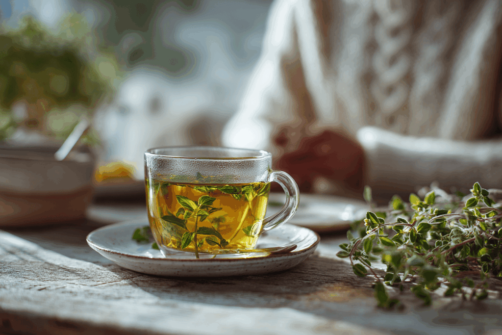 Personne assise à une table prenant une tisane digestive au gingembre et à la menthe après un repas léger, ambiance apaisante, intérieur lumineux, sensation de bien-être digestif, style photographie lifestyle réaliste, lumière naturelle.