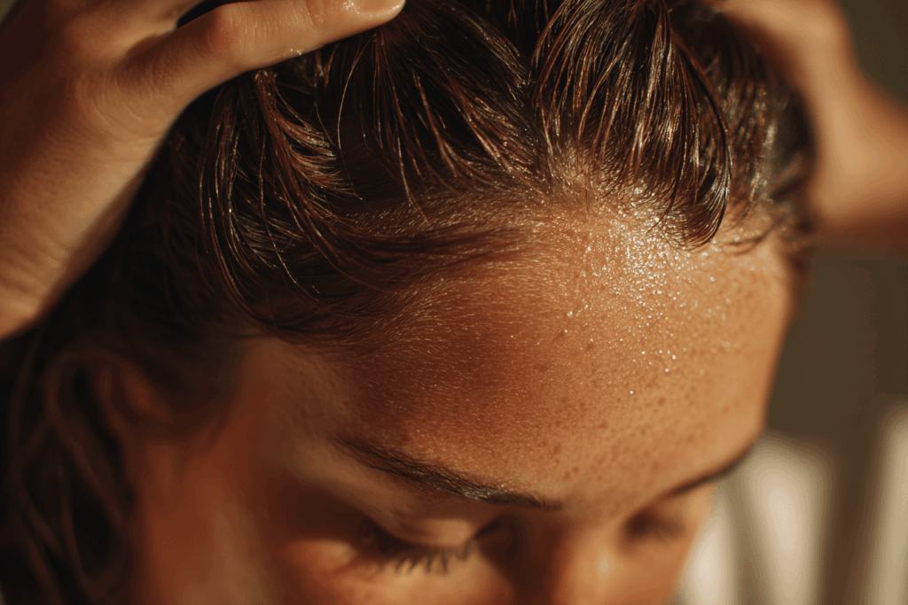 Personne massant doucement son cuir chevelu avec une huile naturelle, cheveux légèrement écartés pour voir le cuir chevelu, ambiance routine de soin capillaire apaisante, lumière du matin, style photographie beauté réaliste, atmosphère santé et bien-être.