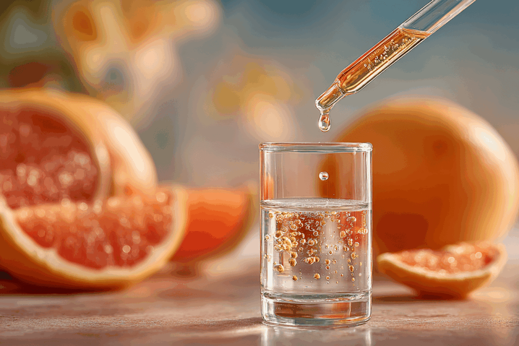Pipette déposant quelques gouttes d’extrait de pépin de pamplemousse dans un verre d’eau, pamplemousse entier et tranches en arrière-plan, atmosphère bien-être et remèdes naturels, lumière du matin, style photographie lifestyle santé, rendu très détaillé.