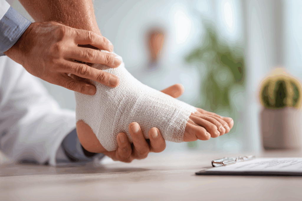 Médecin examinant un pied récemment opéré d’un hallux valgus, bandage propre visible sur tout le pied, cabinet médical moderne, ambiance rassurante, lumière naturelle douce, style photographie réaliste professionnelle.