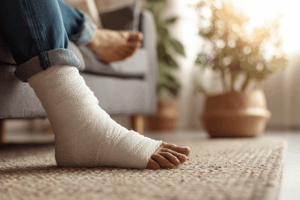 Personne assise sur un canapé, pied entièrement bandé après une opération de l’hallux valgus, jambe légèrement surélevée avec un coussin, expression neutre mais concentrée, ambiance intérieure lumineuse et rassurante, rendu photoréaliste haute résolution, style article santé.