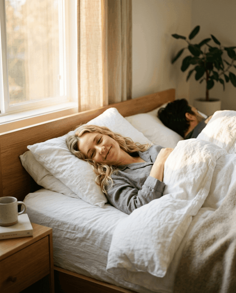 Le calin du matin couple dans le lit avec une personne allongée dans un lit aux draps blancs, souriant légèrement les yeux mi-clos, baignée dans la lumière dorée du petit matin. On aperçoit un homme à ses côtés. Ambiance cocooning, sereine, douce. L'image illustre le bien-être d'un réveil partagé.