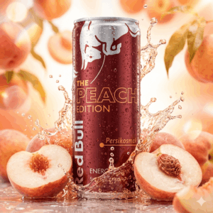 Image publicitaire moderne d’une canette de boisson énergisante saveur pêche inspirée du style Red Bull Peach Edition, canette froide avec gouttes de condensation, pêches blanches goût persikosmak fraîches coupées en deux autour de la canette, éclaboussures de boisson gazeuse et bulles visibles, ambiance estivale énergique, lumière dynamique de type studio publicitaire, fond dégradé orange et pêche