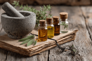 Composition naturelle avec flacons d’huiles essentielles, feuilles médicinales, mortier en pierre et petit carnet de recettes naturelles, atmosphère aromathérapie et remèdes naturels pour la peau, fond clair, style photographie lifestyle santé et bien-être, rendu très détaillé.