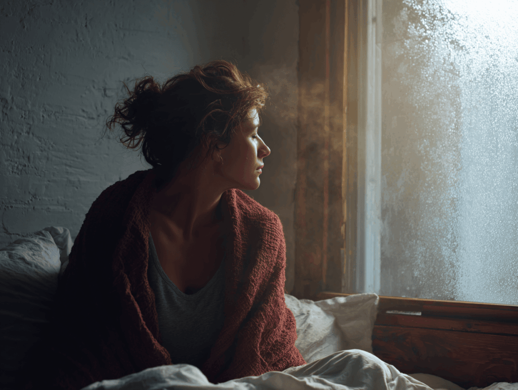 Une chambre moderne avec des traces d’humidité et de moisissure sur un mur près d’une fenêtre, ambiance froide et légèrement sombre, une femme assise sur le lit avec une couverture, semblant fatiguée et toussant légèrement, style photo réaliste, lumière naturelle, détails très réalistes, ambiance santé et bien-être, haute qualité.