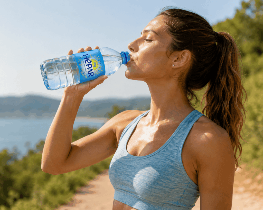 peut on boire de l'hépar tous les jours femme sportive en train de boire de l'hépar bouteille d'eau