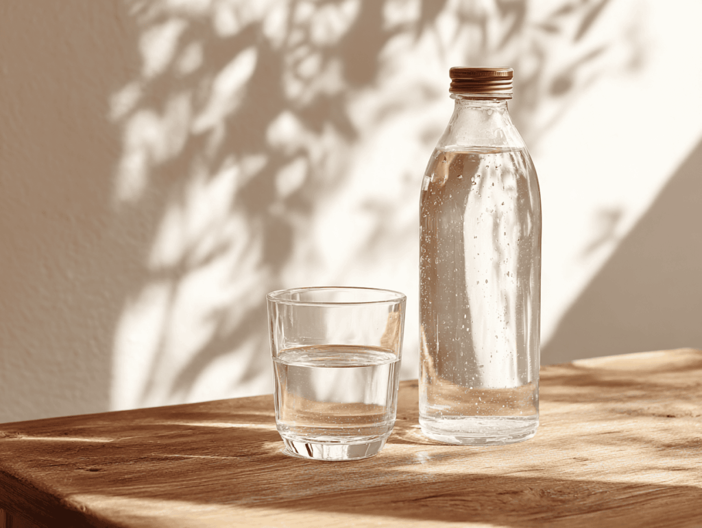 bouteille d'eau carafe d'eau sur table en bois