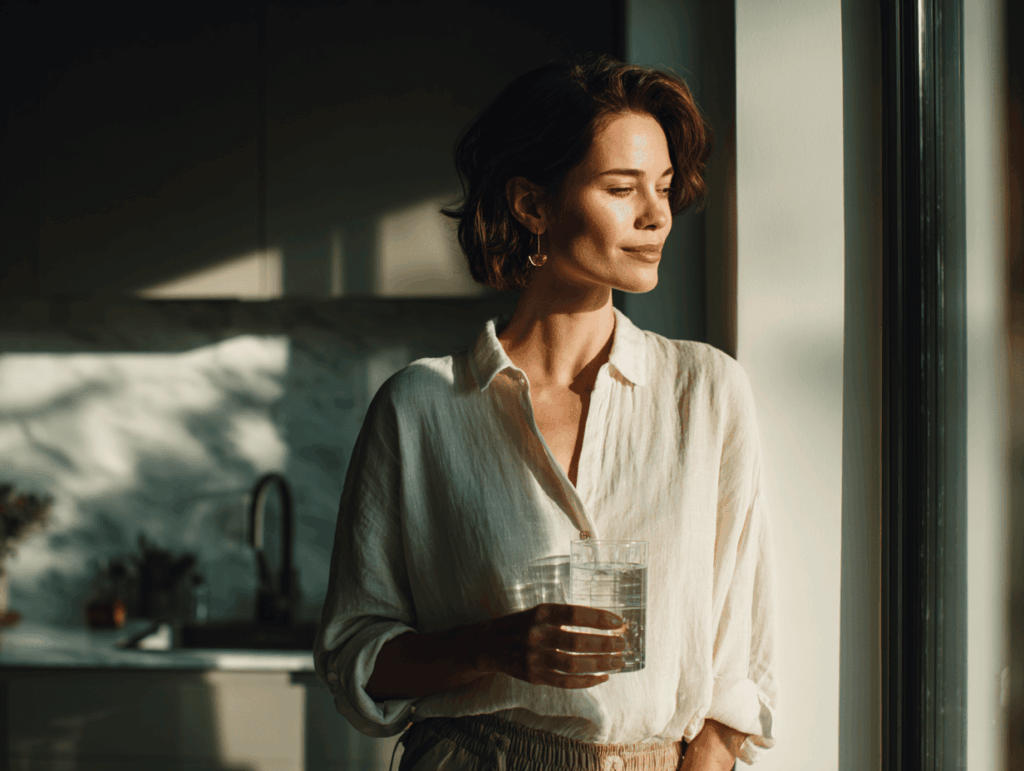 femme tenant un verre d'eau à la main hépar