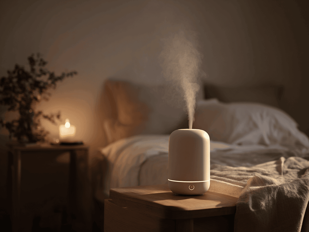 humidificateur blanc diffusant dans la chambre sombre