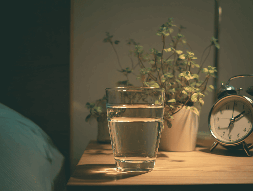 verre d'eau transparent posé sur une table de nuit