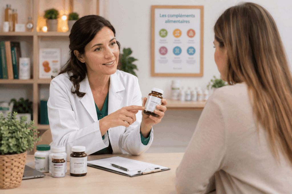 professionnel de santé conseillant un patient sur des compléments alimentaires, ambiance cabinet médical chaleureux.