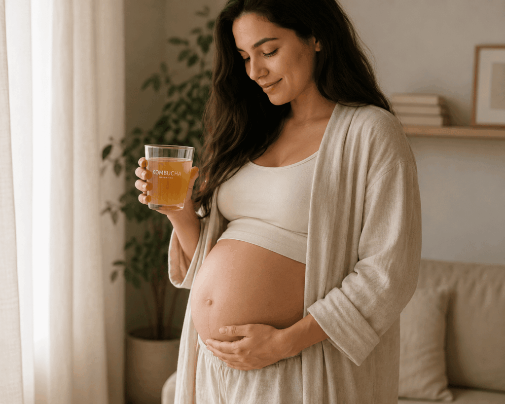Photo d'une femme enceinte tenant délicatement son ventre, à la main un verre de kombucha, lumière douce et naturelle, ambiance bienveillante.