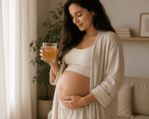 Photo d'une femme enceinte tenant délicatement son ventre, à la main un verre de kombucha, lumière douce et naturelle, ambiance bienveillante.