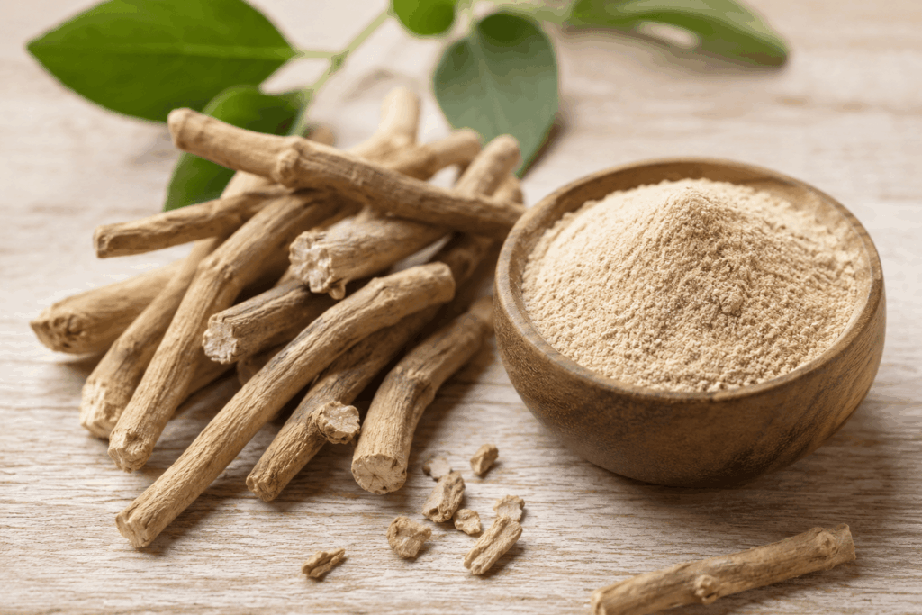 Photo en gros plan de racines et poudre d'ashwagandha disposées sur un fond en bois clair, lumière naturelle douce, ambiance santé naturelle.