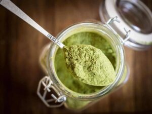 Photo de feuilles de moringa fraîches et de poudre verte dans un bol en céramique, lumière naturelle chaleureuse.