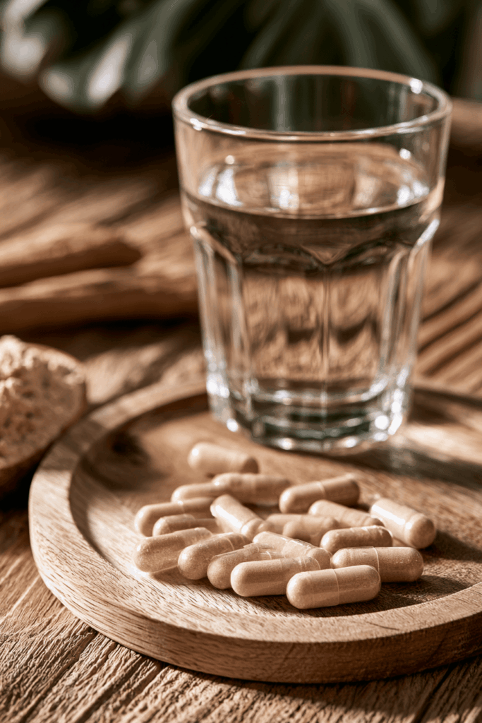 Photo d'une gélule ou poudre d'ashwagandha posée à côté d'un verre d'eau sur une table en bois, ambiance naturelle et épurée.