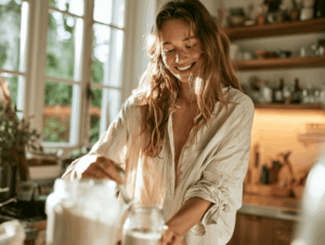 Photo lifestyle d'une femme souriante préparant une boisson à base de poudre d'ashwagandha dans une cuisine lumineuse et chaleureuse.