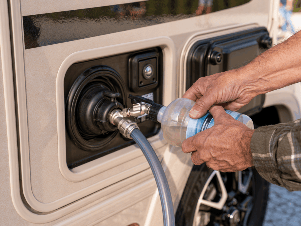 Gros plan sur un point d'eau extérieur de camping-car avec un tuyau de remplissage, mains versant un produit de traitement dans le réservoir.