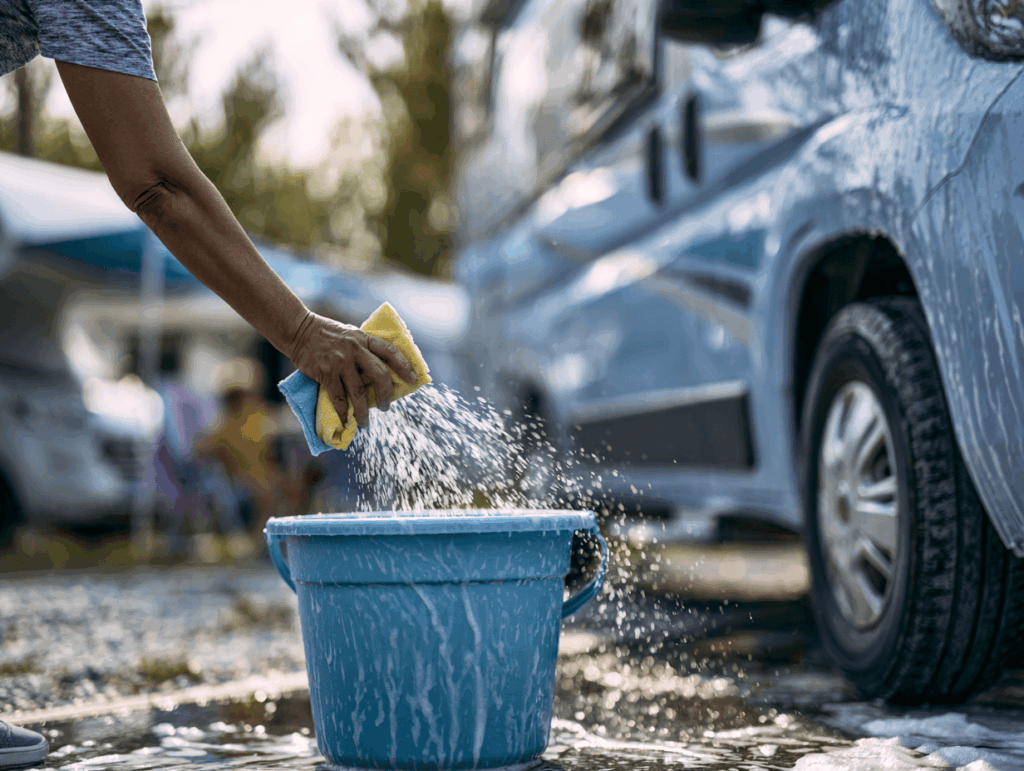 personne en train de laver la carrosserie d'un camping-car avec une éponge et un seau, aire de camping en arrière-plan légèrement flouté.