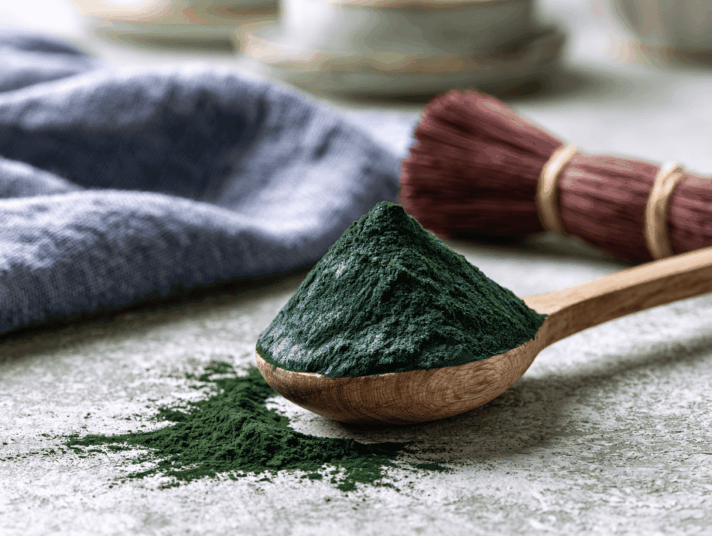 spiruline danger tension artérielle poudre de spiruline dans une cuillère en bois fond flou