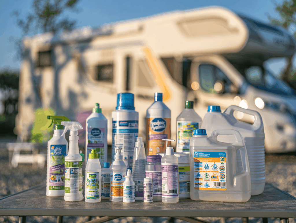 gamme de flacons et bidons de produits d'hygiène et de désinfection, disposés sur un plan de travail extérieur, à côté d'un camping-car flouté en arrière-plan.