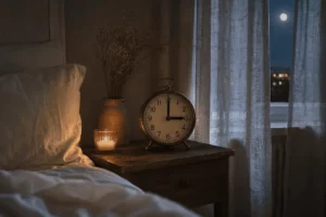 réveil posé sur la table de chevet avec bougie obscurité lune manque de sommeil insomnie métaonine