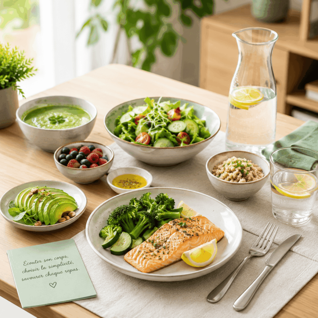 table dressée avec des aliments sains et légers (légumes verts, poisson, carafe d'eau), lumière naturelle de cuisine.