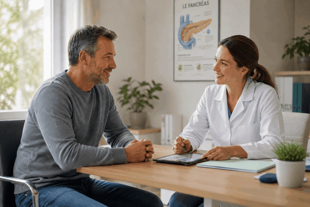 consultation entre un patient d'âge moyen et un professionnel de santé, dans un cabinet lumineux et chaleureux